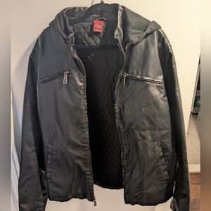 Men's Black Faux Leather Hooded Bomber Jacket